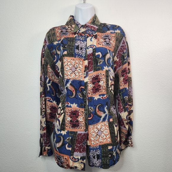 Jonathan Martin Vintage 90s Abstract Floral Patchwork Silk Button Down Shirt - Picture 3 of 7